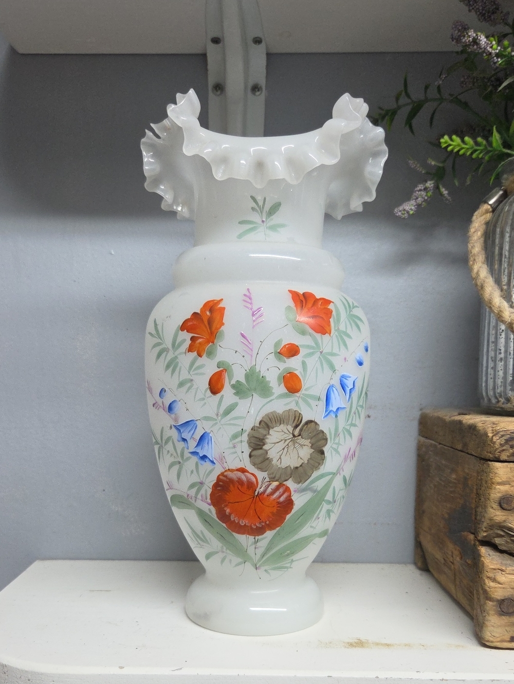 Antique Victorian Bristol Vase White Opaque Hand Painted Floral Ruffled Rim